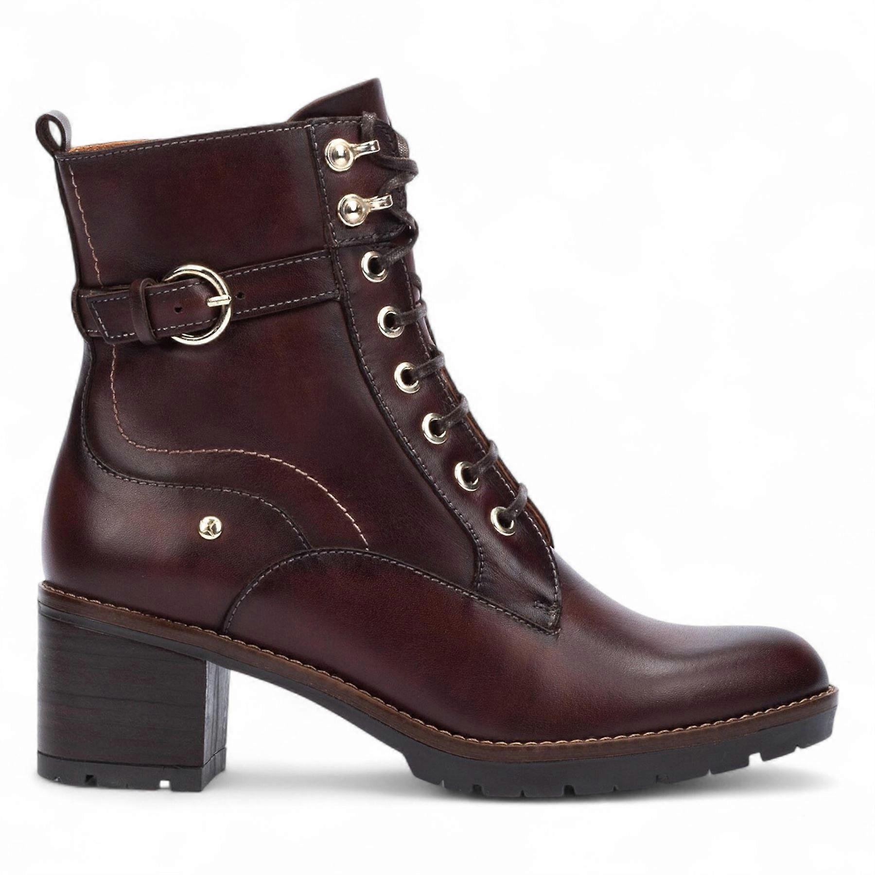Pikolinos Women's Llanes Leather Ankle Mid-Heel Zip Lace Up Combat Boots