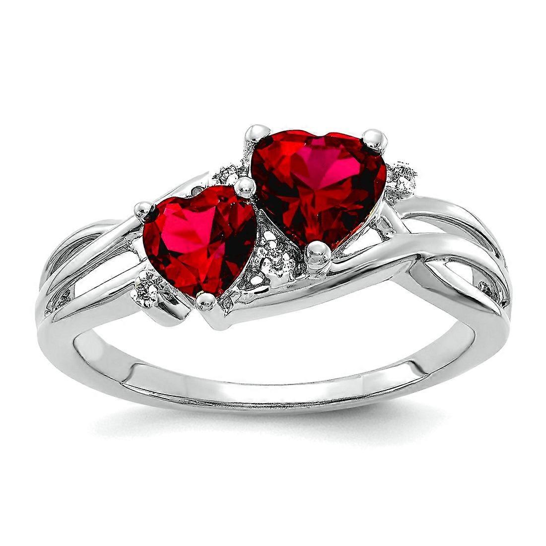 10k White Gold Lab Created Ruby and Diamond Double Love Heart Ring Size 7.00 Statement-Ring for Women