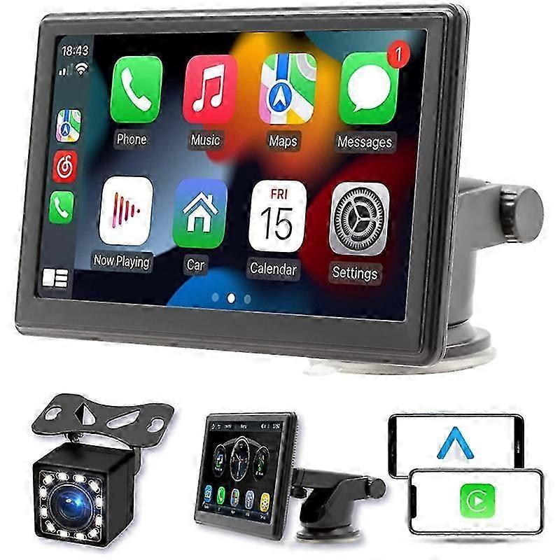 Portable Wireless Carplay Screen Dash Mount, 7 Inch Touch Screen Car Stereo Bluetooth, FM Car Radio,