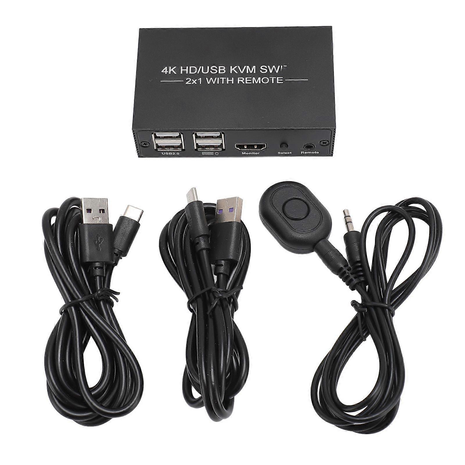 KVM Switch 4 USB 2.0 Ports 1 Display 2 Computers Support 4Kx2K HD Multimedia Interface KVM Switch with 2 USB Cables