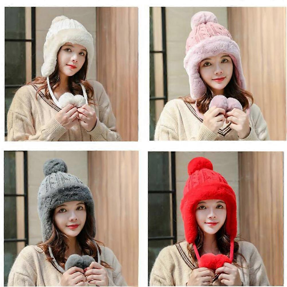 Adults Headwear with Earmuff for Winter Use Plush Ball String Knit Hat