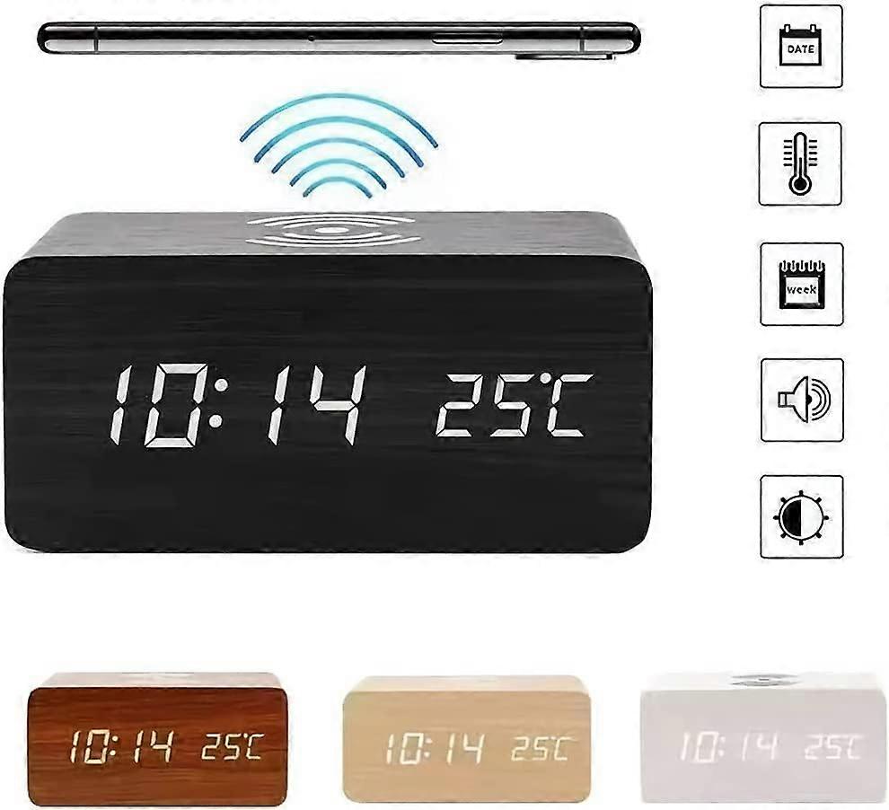 Wooden Digital Alarm Clock , 3 Alarms Led Display, Sound Control And Snooze Dual，Adjustable Brightne