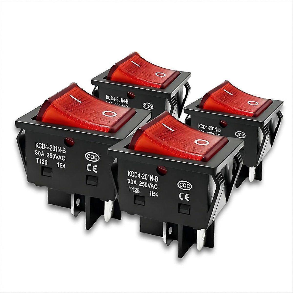 30A 250V AC DPST 4 Pin Rocker Toggle Switch, 4Pack Red Lighted on/Off T125 Toggle Switch Heavy Duty