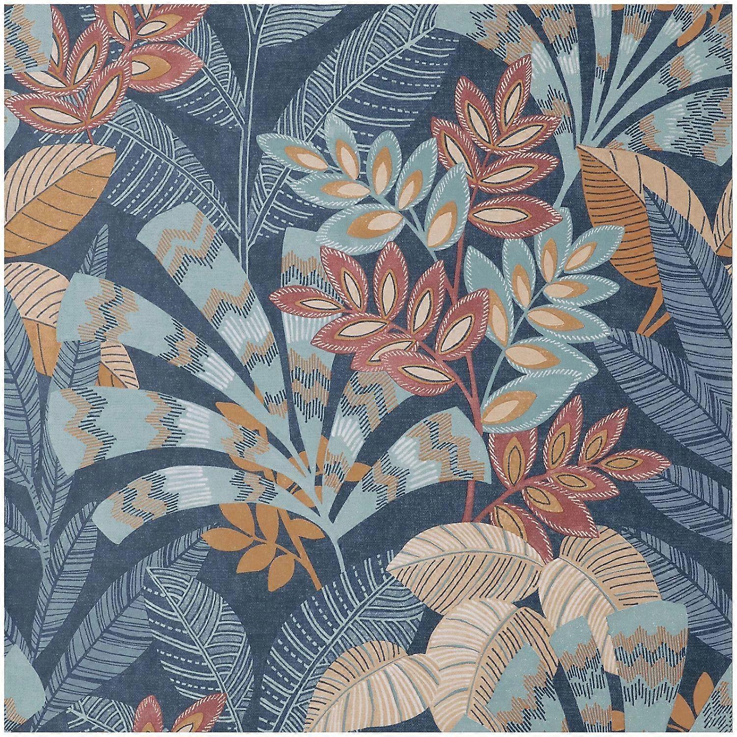Fine Decor Crown Asha Leaves Navy Burnt Orange Wallpaper