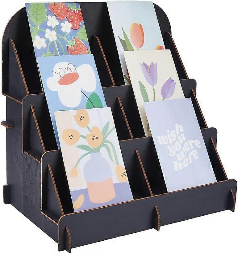3-Tier Black Sticker Display Stand Wooden Greeting Card Display Stand Vendors Postcard Organizer Self-Installing Business Card Display Coaster Display