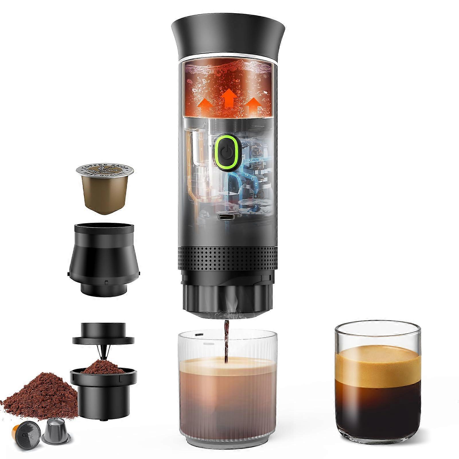 Portable coffee machine, 3-in-1 electric heating espresso machine, refillable, compatible with espresso capsules and coffee powder.