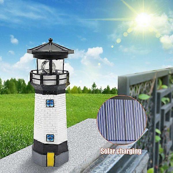 LED Solar Powered Lighthouse Sensor Beacon Rotating Lamp Statue Garden Outdoor LightingBY Black