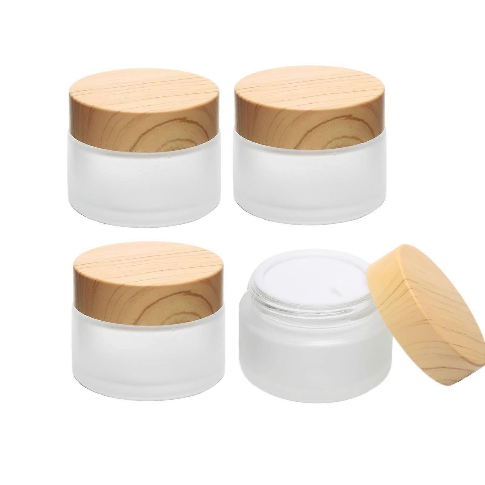 4 Pack 1oz Frosted Glass Cosmetic Jars with Wood Grain Lids, LeakProof, Reusable, EcoFriendly
