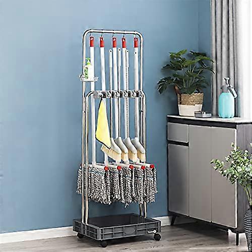 Garage Tool Organizer with Lockable 360° Wheels, Foldable Hooks, Rustproof Mop and Broom Holder
