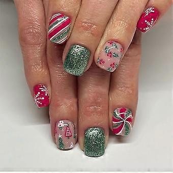 Christmas Square Nude Red Press On Nails with Snowflake and Cherry Design, 24pcs Full Cover