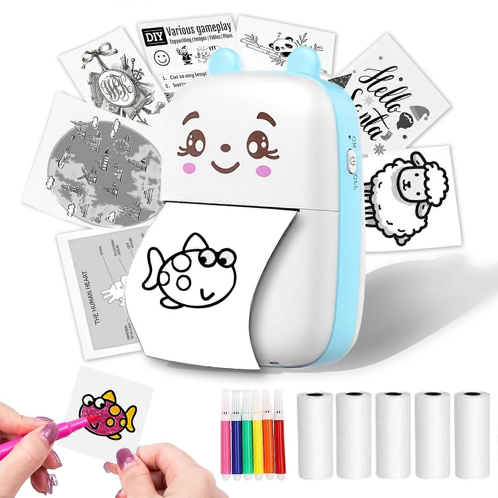 Mini Thermal Printer with 5 Paper Rolls, Inkless Bluetooth Pocket Printer for Photos Receipts Notes iOS Android A1 Blue