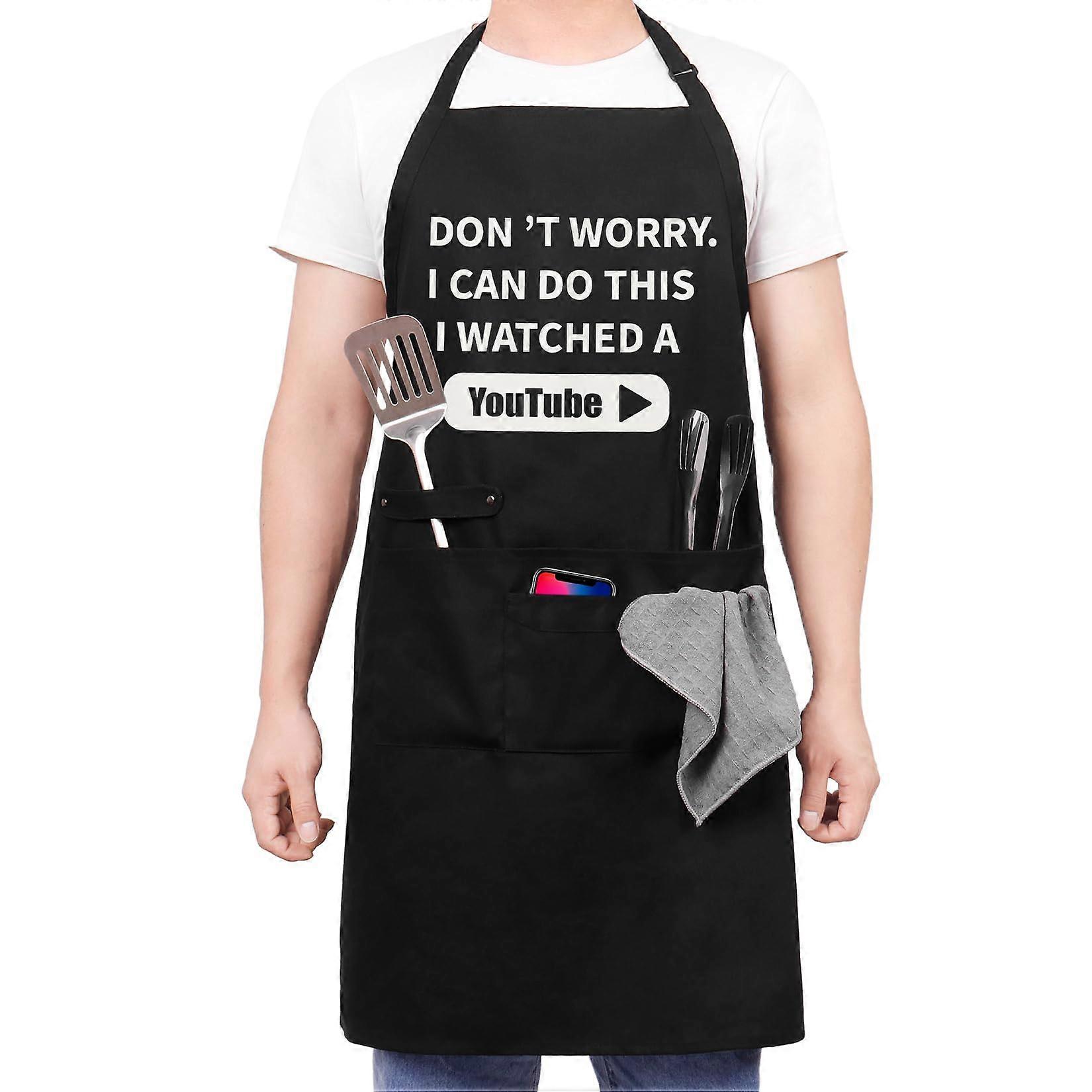 Funny BBQ Apron with Pockets for Men, Waterproof Cotton Chef Apron with Adjustable Neck Strap
