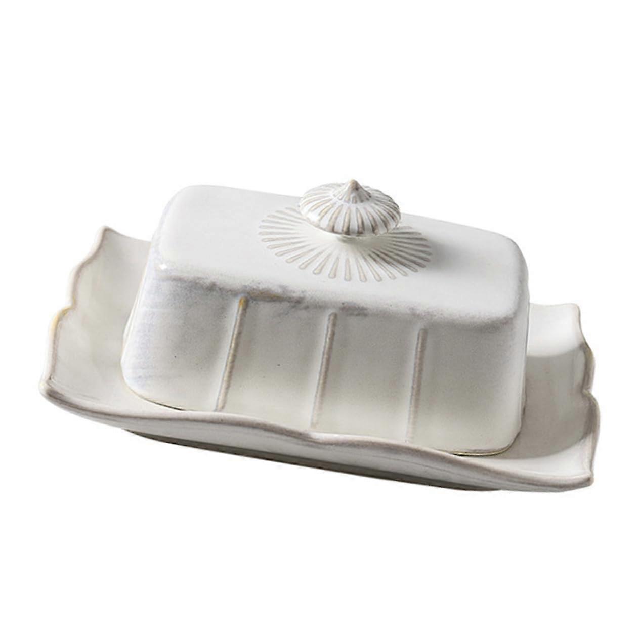 Ceramic Butter Dish with Lid, Microwave Safe Rectangular Butter Keeper, White Heat Resistant
