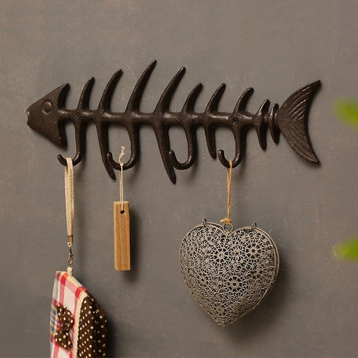 Fish Bone Towel Rack with Hooks, Rustic Wall Mounted Towel Holder for Bathroom and Kitchen Decor