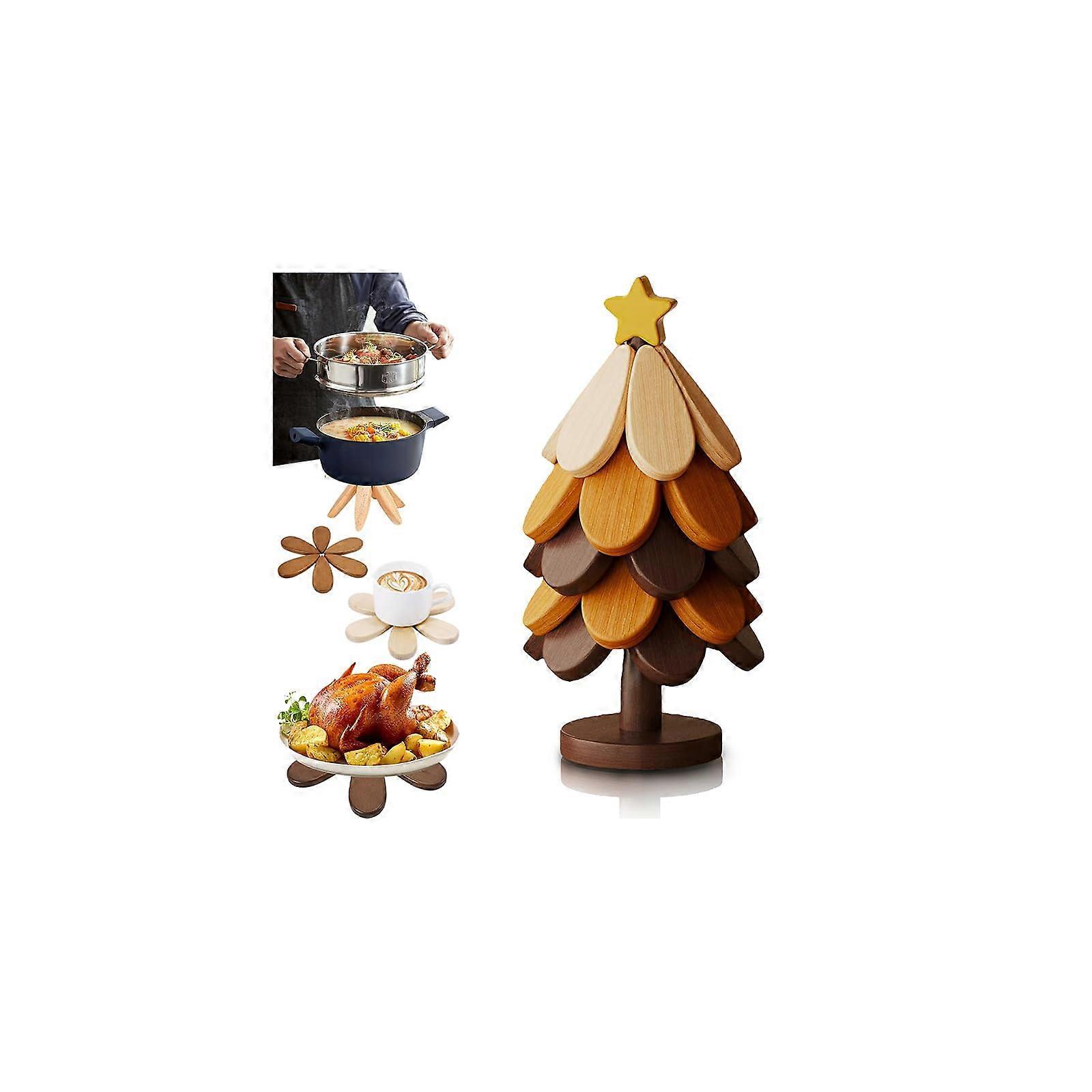 Wooden Foldable Tree Trivet Set for Hot Dishes, Heat Resistant Rustic Kitchen Counter Protector