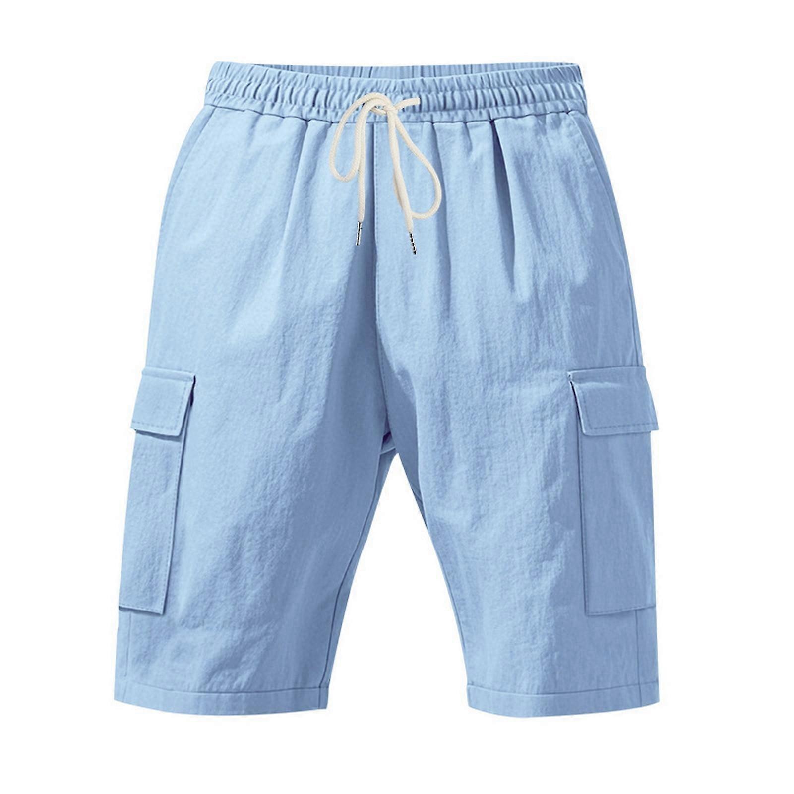 Men Summer Shorts Solid Color Casual Regular Style Shorts with Elastic Belts Drawstrings Breathable