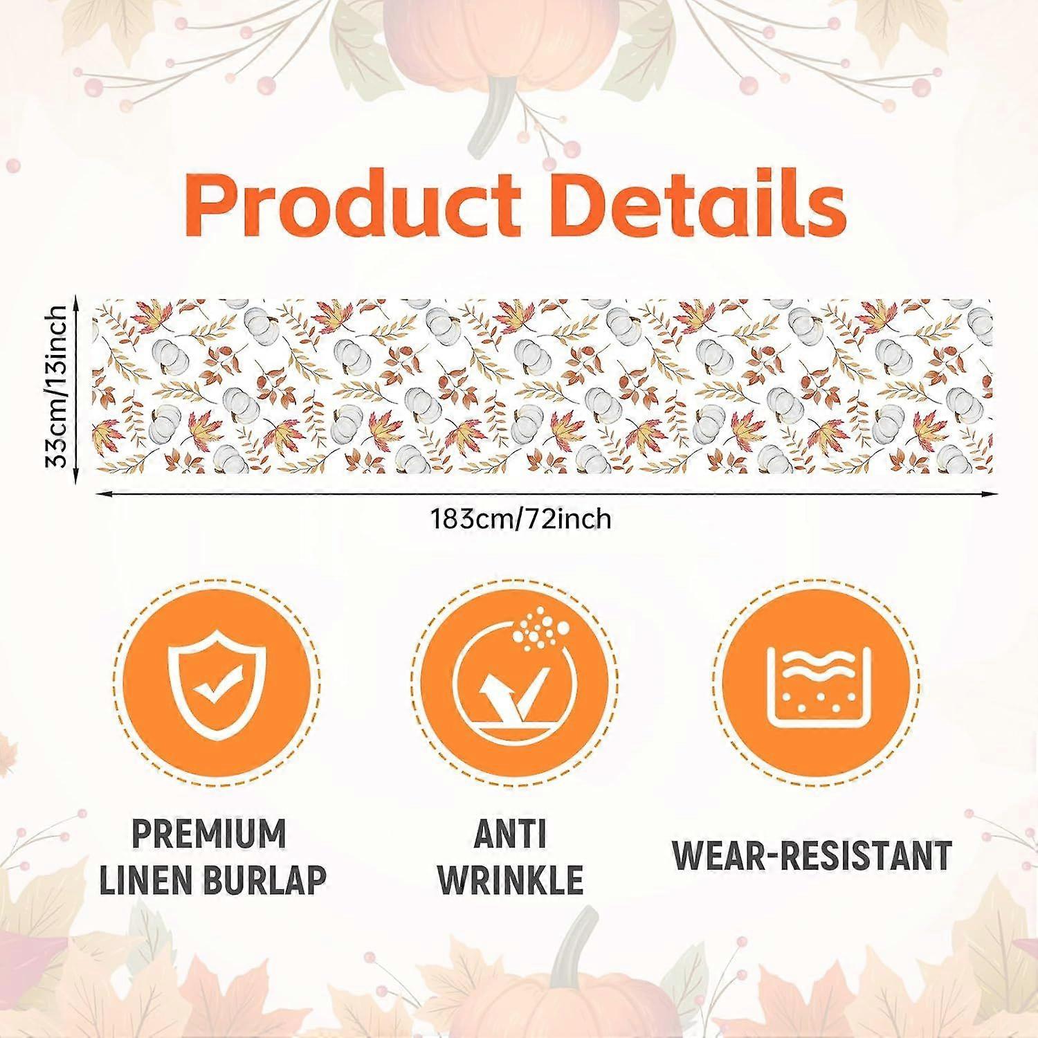 72 x 13 Inch Fall Table Runner Decorations - Linen White Pumpkin and Maple Leaf
