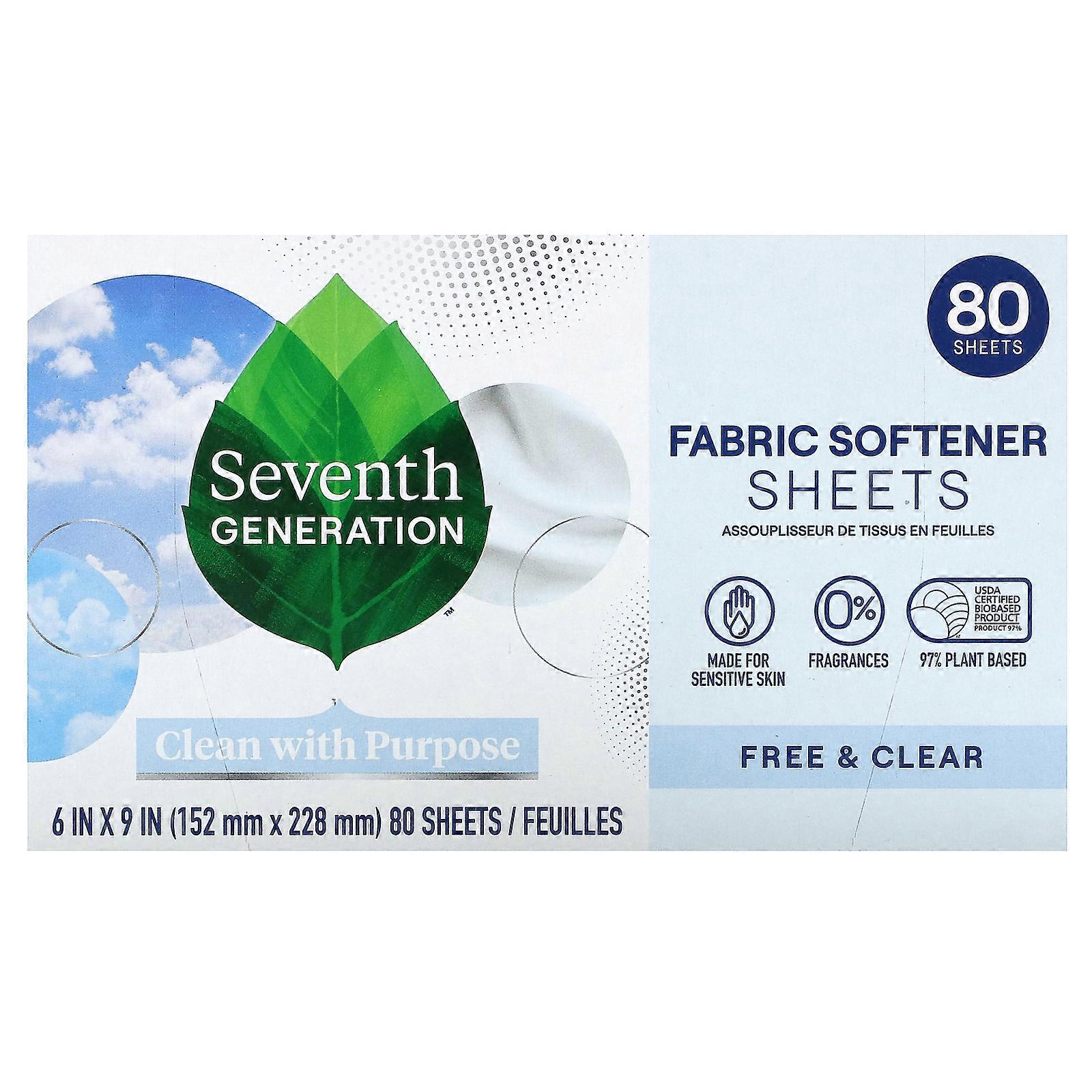 3 x Seventh Generation, Fabric Softener Sheets, Free & Clear, 80 Sheets