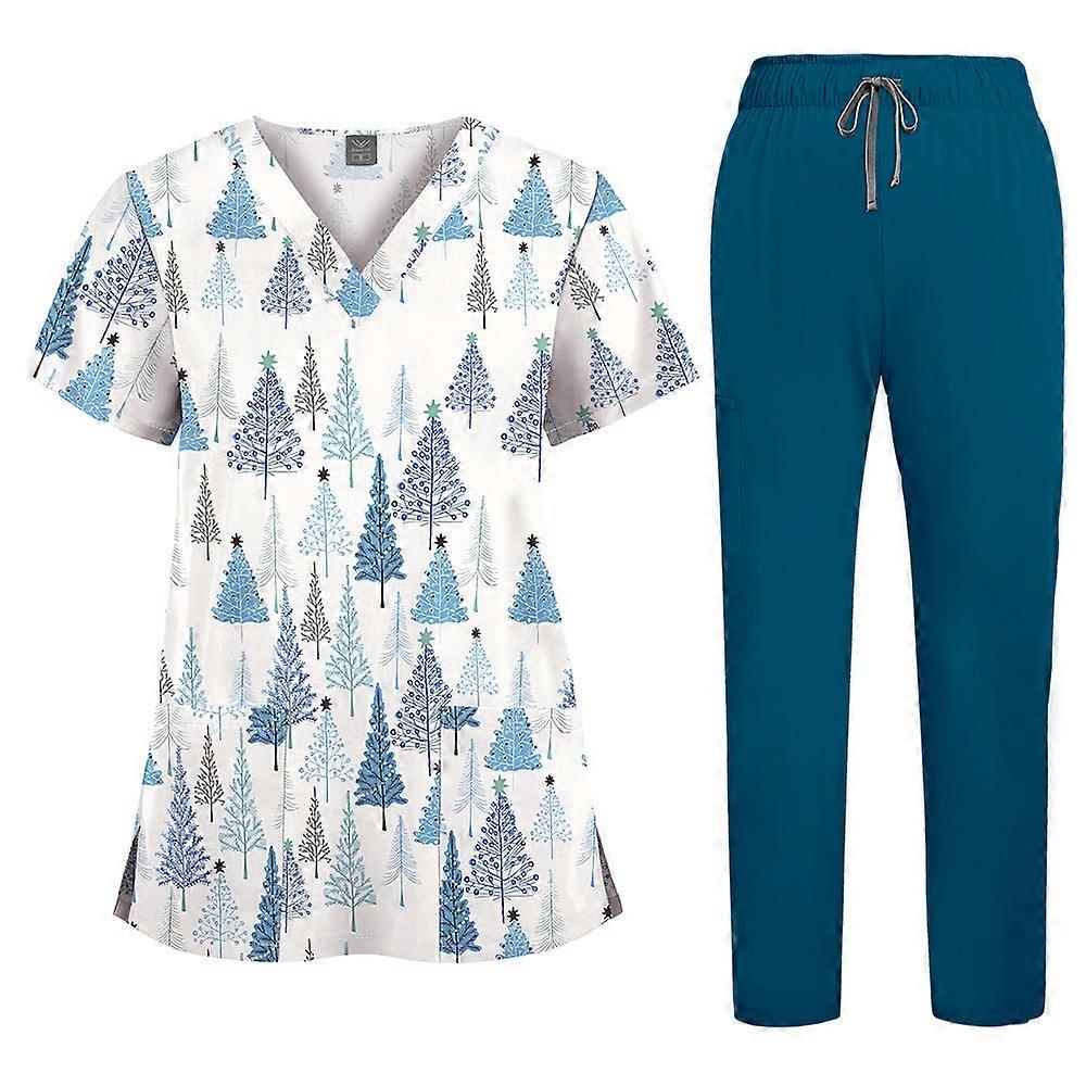 V-Neck Printed Scrub Set Stretch Pockets
