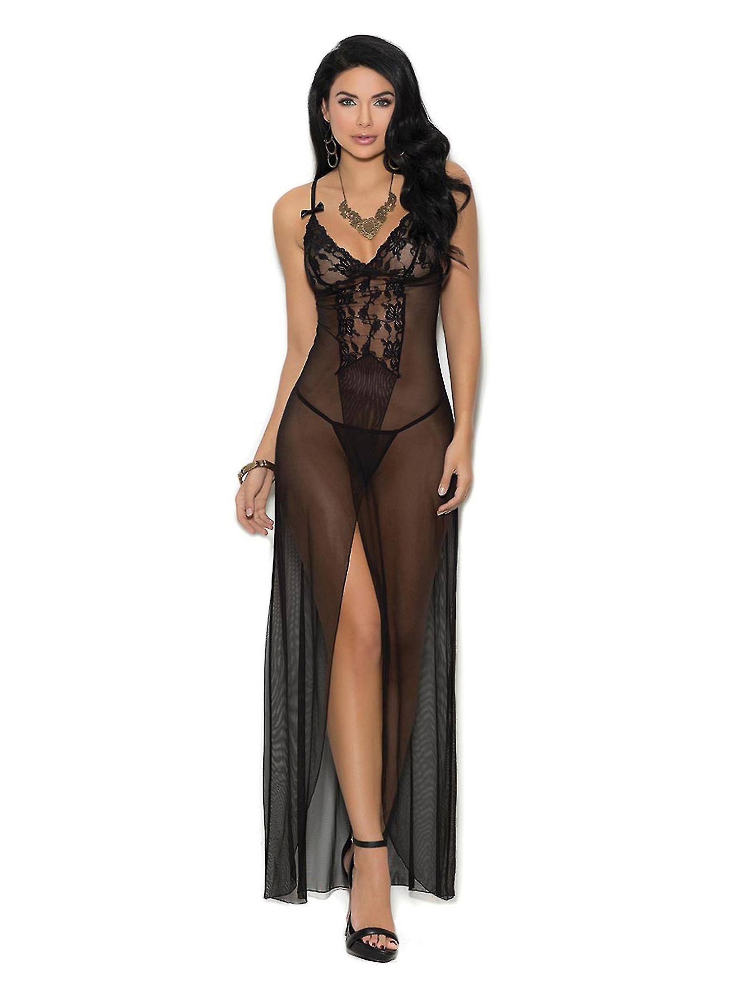 Womens Classic Long Mesh Lace Panel High Front Slit Gown Lingerie