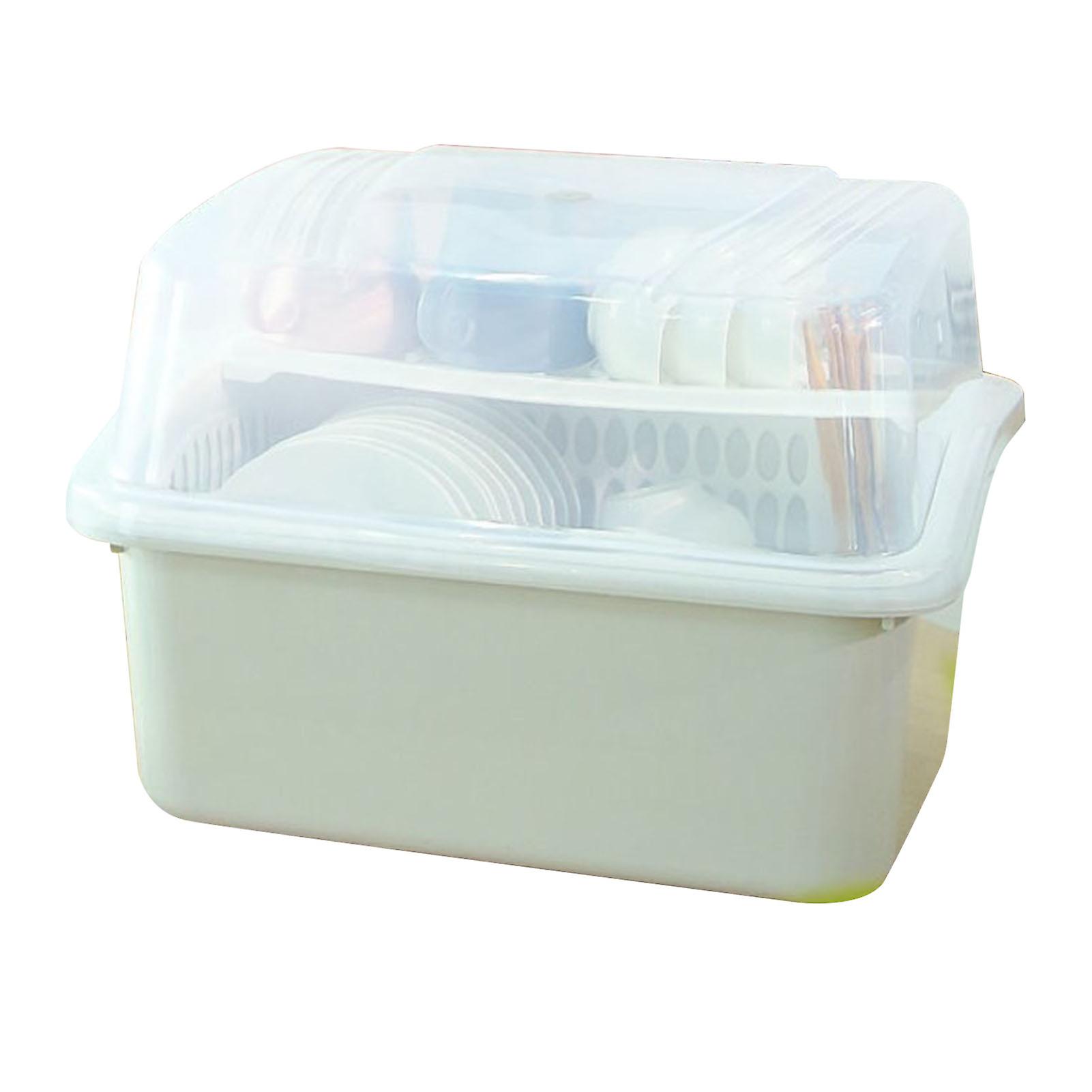 صندوق رف تجفيف الأواني حاوية أدوات مائدة بلاستيكية مع غطاء خزانة تخزين أدوات المائدة لطبق وعاء رمادي أبيض L