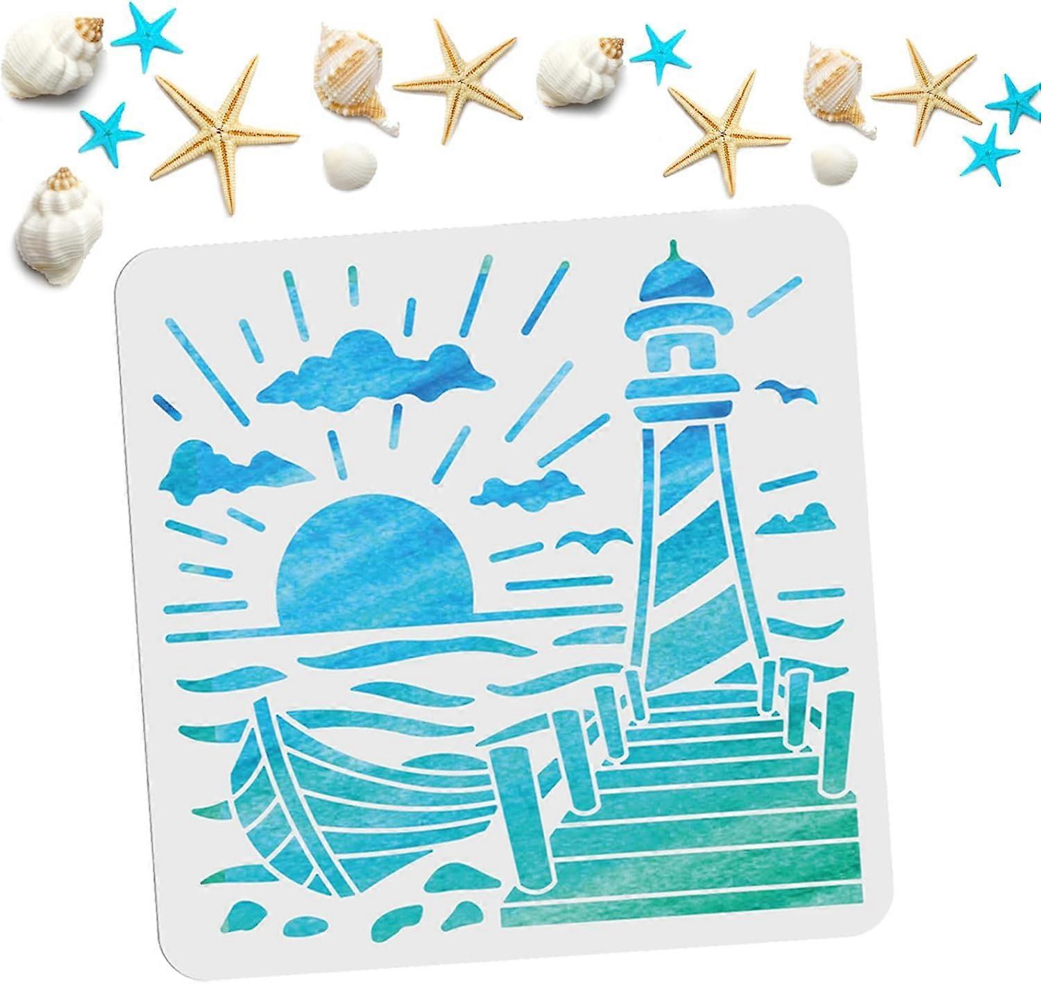 Sea Lighthouse Stencils 11.8 x 11.8 Inch Ocean Nautical Lighthouse Sailboat Template Reusable Summer Clouds Sun Seagulls Drawing Template for DIY Gift