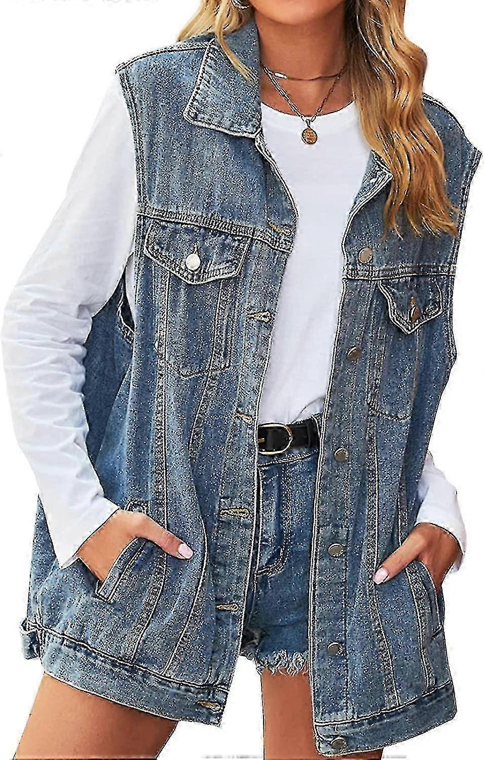 Naisten hihaton farkkutakki, napitettava ja puolipitkä farkkuliivi