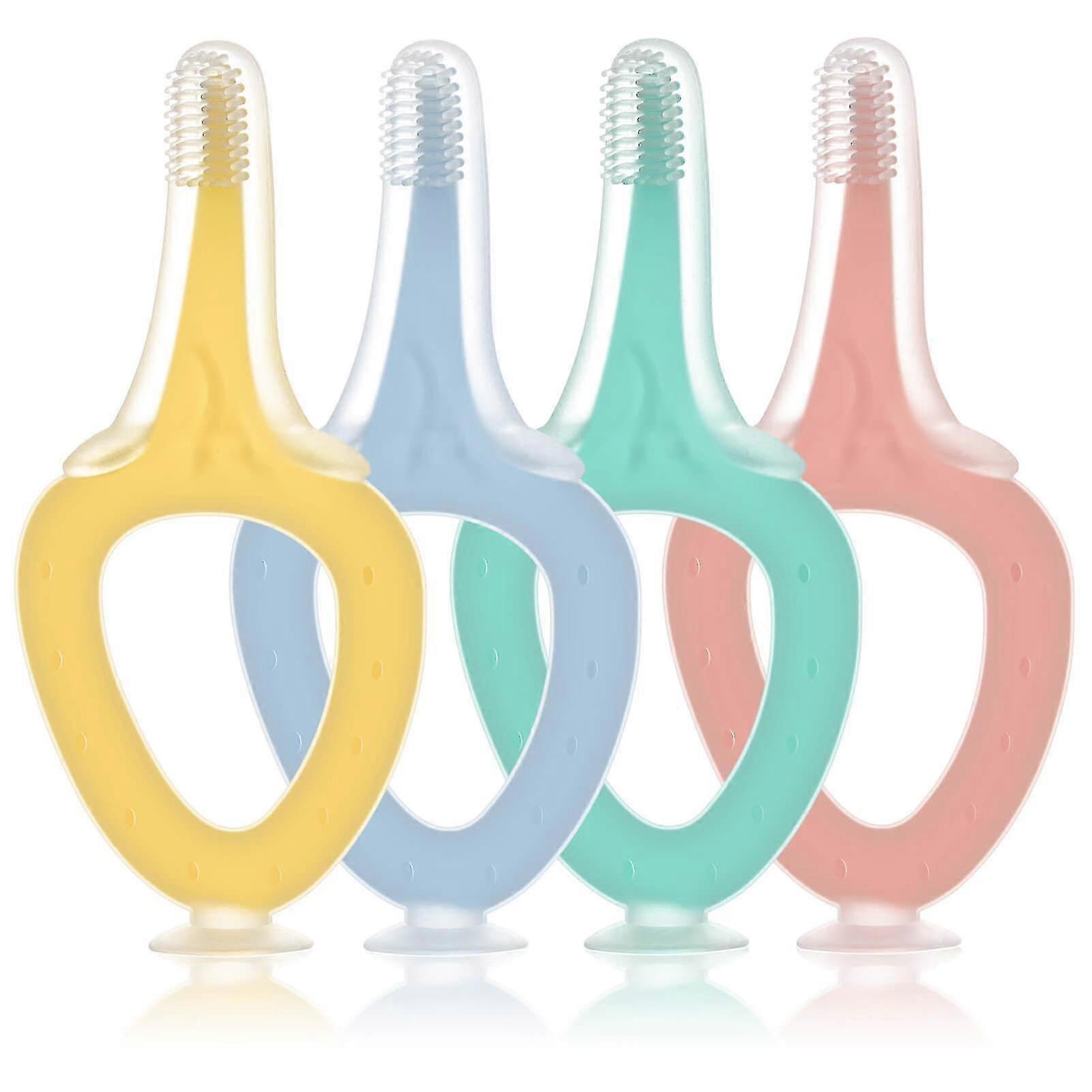 4 Pcs Infant Training Toothbrush With Suction Base, Soft Silicone Baby Toothbrush For Age 0-2 Years