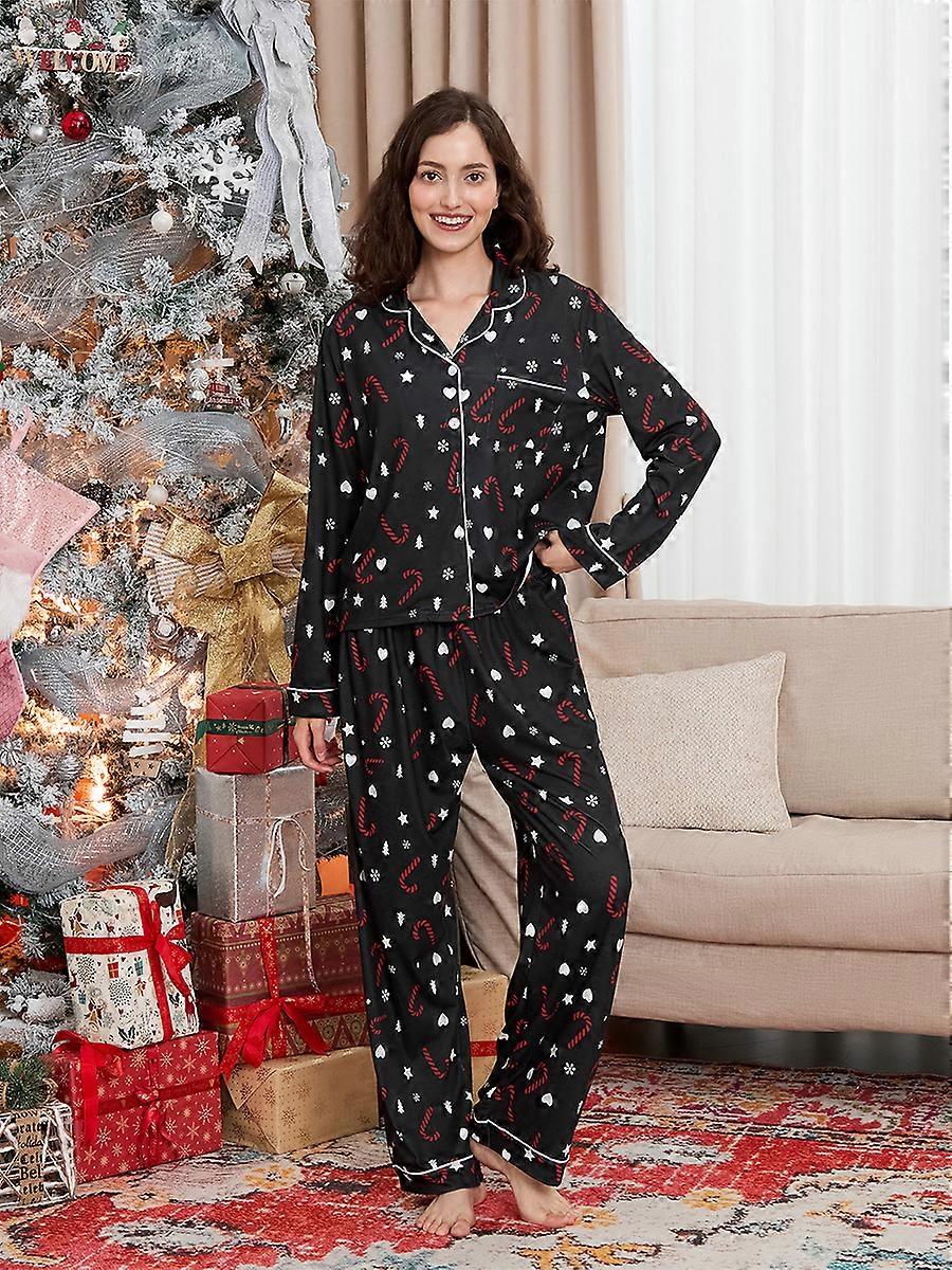 Womens 2 Piece Christmas Pajama Set Long Sleeve Graphic Print Button Up Shirt + Pants Set Winter Sleepwear