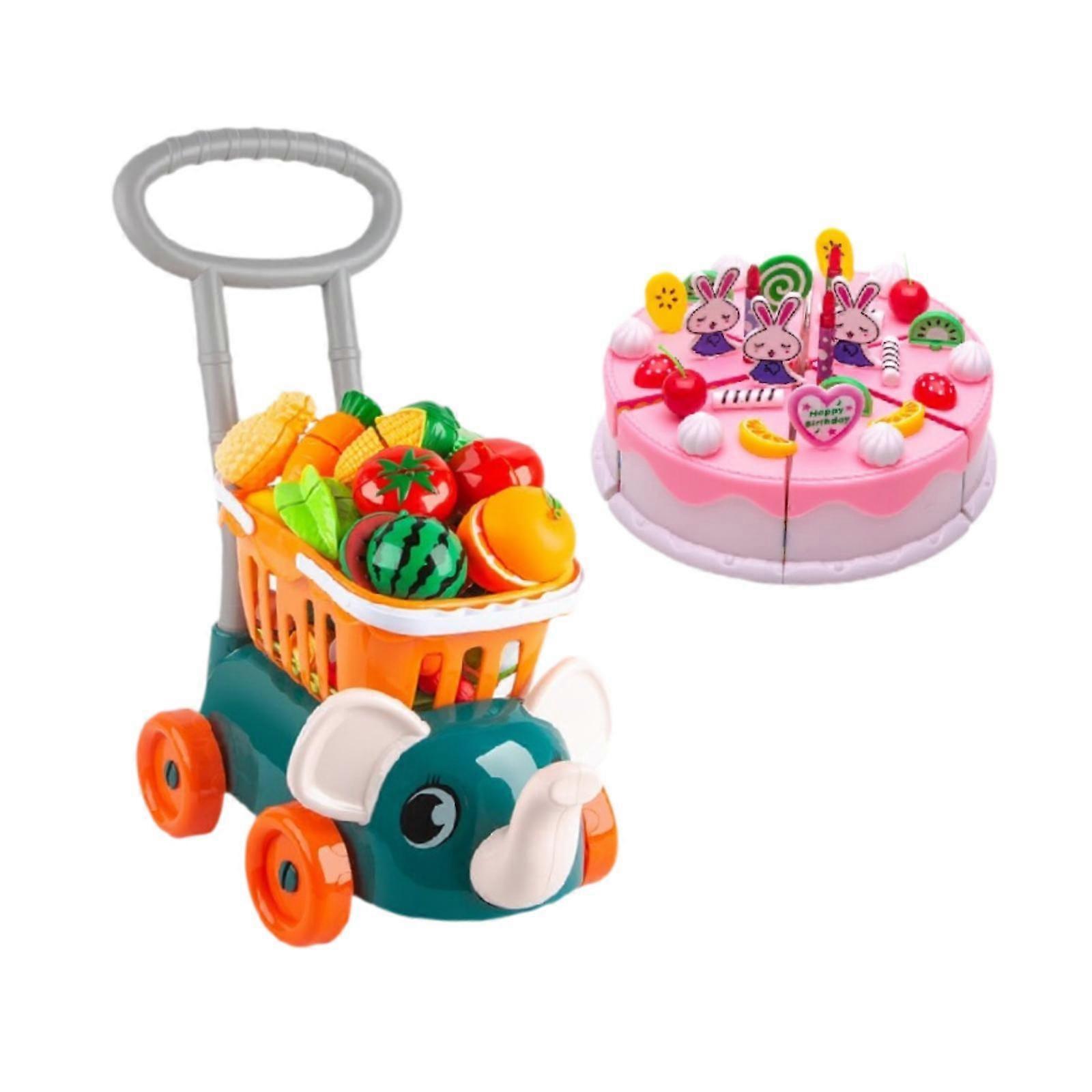 キッズショッピングカートトロリープレイセット、赤ちゃんの子供のためのごっこ遊びの食べ物、キッズグリーン