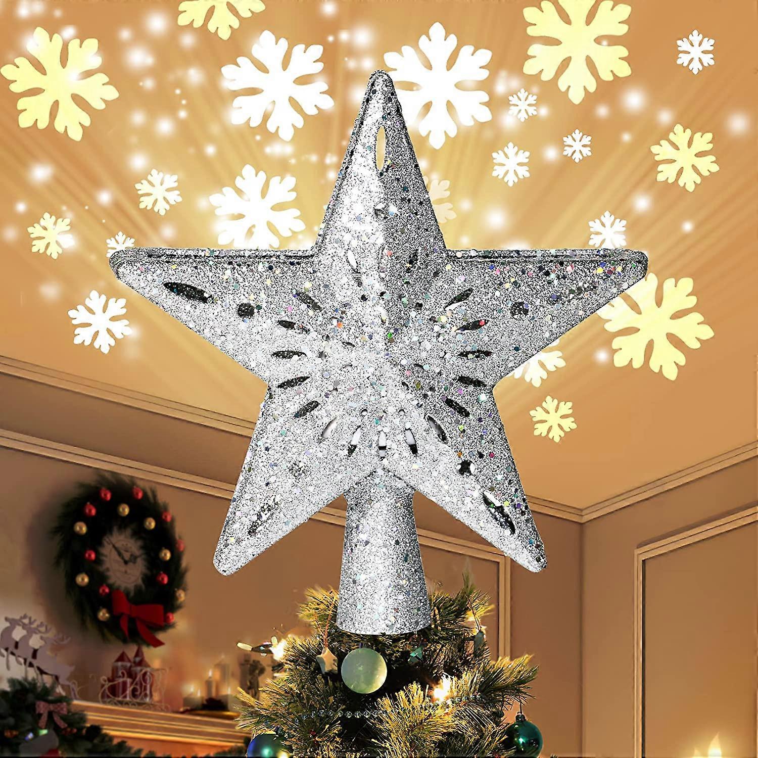 Lighted Christmas Tree Toppers with LED Rotating Snowflake Projector Lights, 2-in-1 Gold Glittered 5 Point 9.8 Inch Star Tree Topper Snowfall LED Ligh