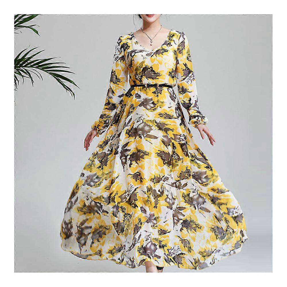 Printing Leaf Long Sleeve Round Collar Long Dress