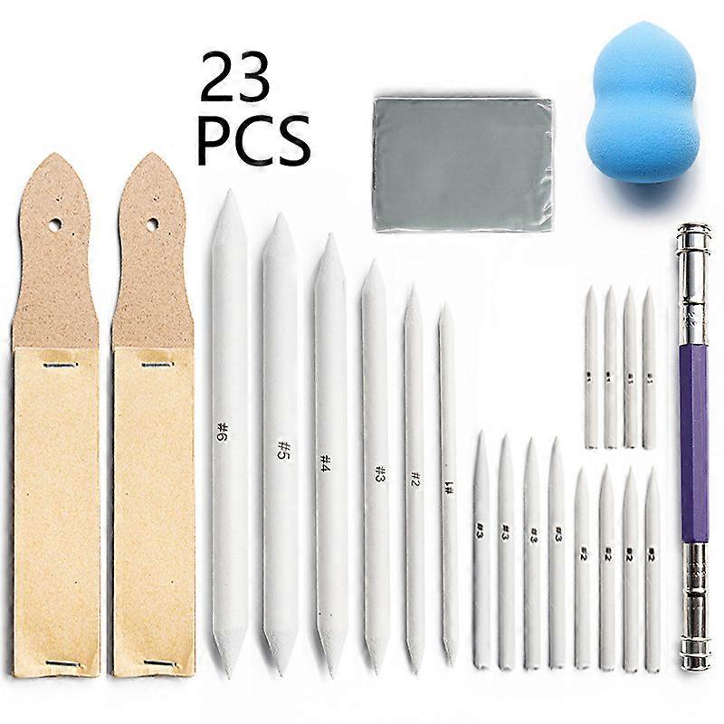 23PCS Sketch Drawing Tools,Blending Stumps and Tortillions Set Blending Tools with Art Sketch Wipe Scrapers,Rub Sponge,Kneaded Eraser and Sandpaper Bl