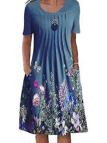 אביב/קיץ פרח צווארון עגול כיס שמלה באורך בינוני לנשים Z