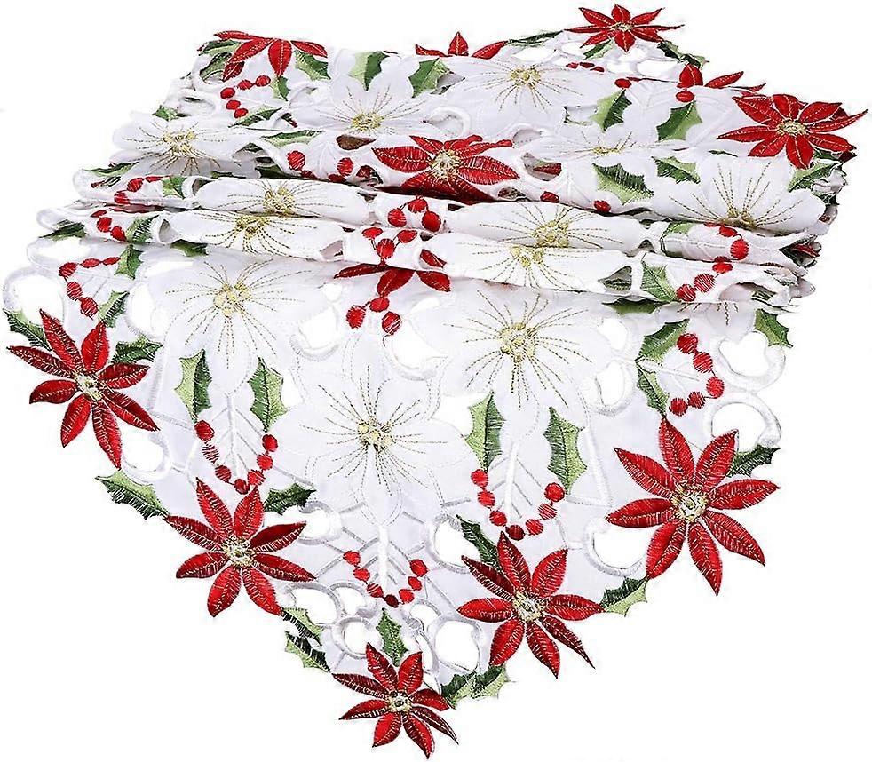 Christmas Embroidered Table Runner Christmas Poinsettia Holly Leaf Openwork Hand-Woven Table Linens for Christmas Decorations38*176CM