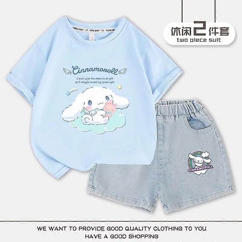 Sanrio أنيمي Kawaii Cinnamoroll بنات مجموعة ملابس قصيرة الأكمام تي شيرتات الدنيم شورتات لطيف الكرتون الاطفال نصف كم أعلى هدية