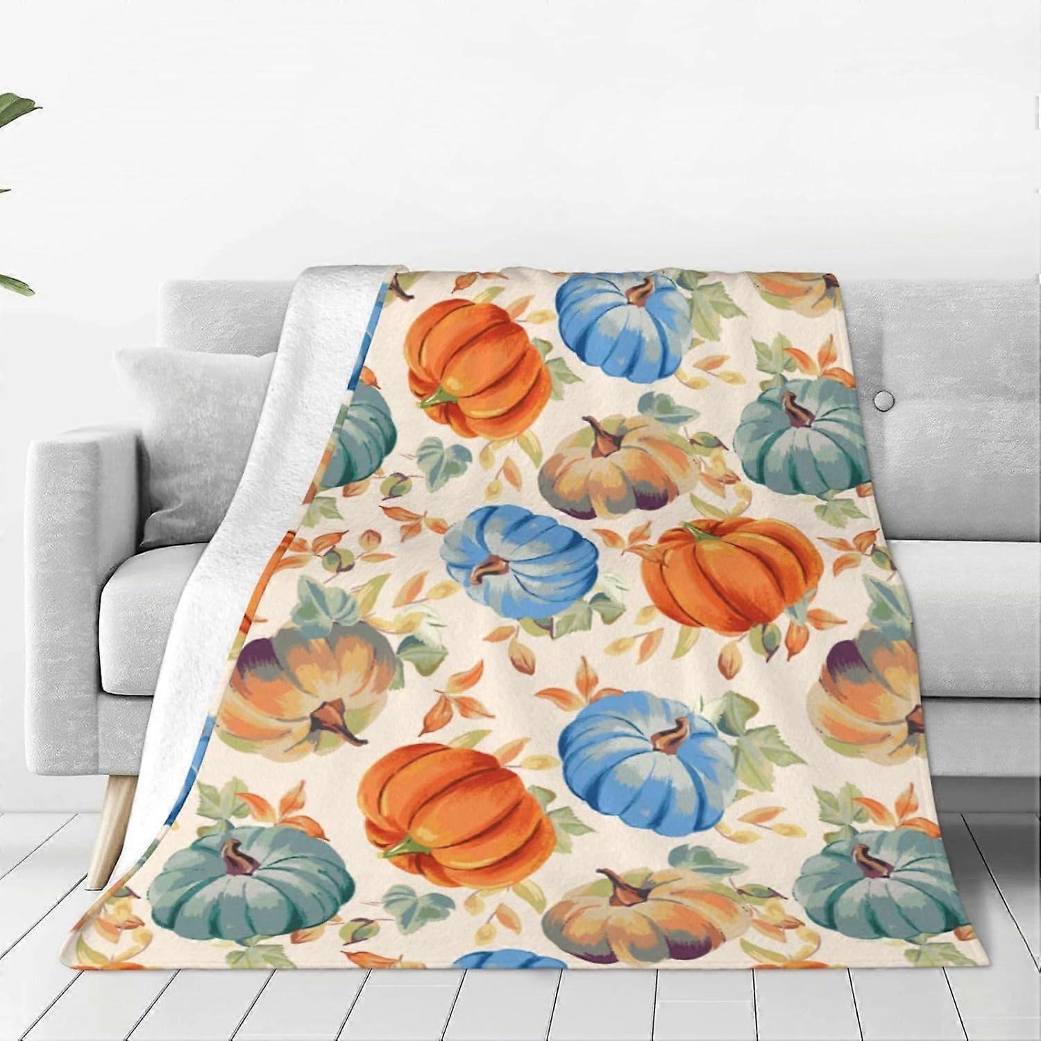 Fall Pumpkins Cream Background Throw Blanket Autumn Maple Leaves Cozy Anti-Pilling Fleece Blanket Lightweight and Warm, Durable, Ultra-Soft for Sofa,