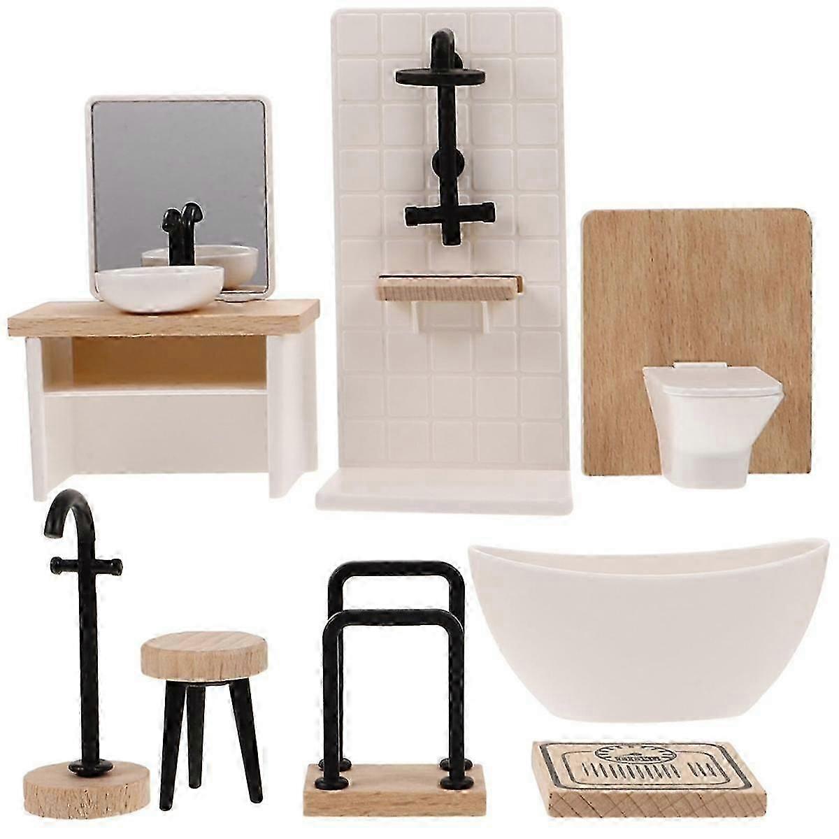 8 قطع حمام المرحاض حوض الاستحمام حوض خزانة حمام خشبية مع بالوعة أثاث مصغر لدمية