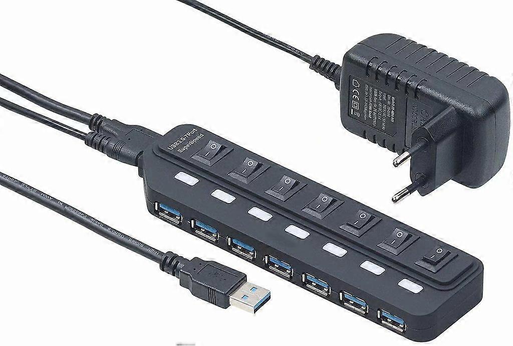 USB multiple plug: Active USB 3.0 hub with 7 ports, individually switchable, 2 A power supply (USB switch)