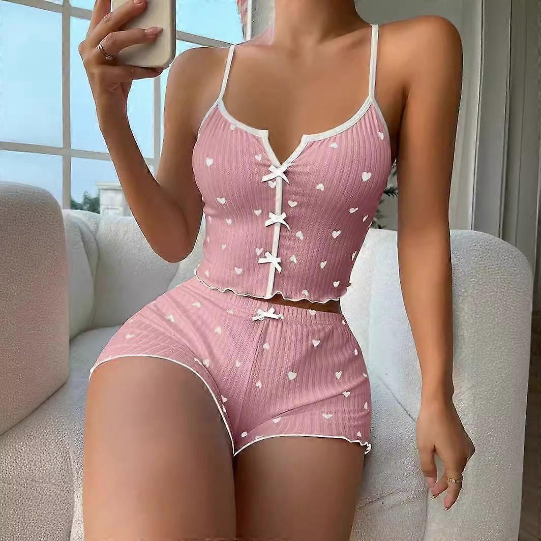 2Pcs/Set Lady Homewear Top Shorts Suit Heart Print Bow Decor Sleeveless Backless Vest Elastic High Waist Short Pants Camis Shorts Outfit Lady Summer