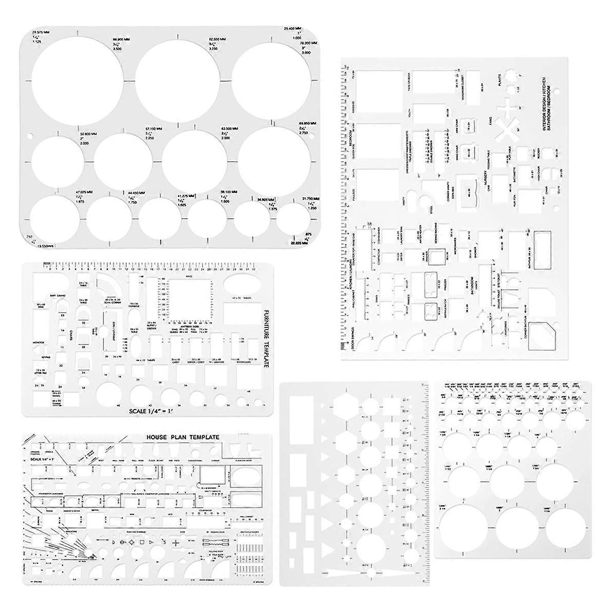 6pcs Circle Template for Drafting, Geometric Shape Stencils Circle Square Measuring Ruler for Building Formwork Drawing
