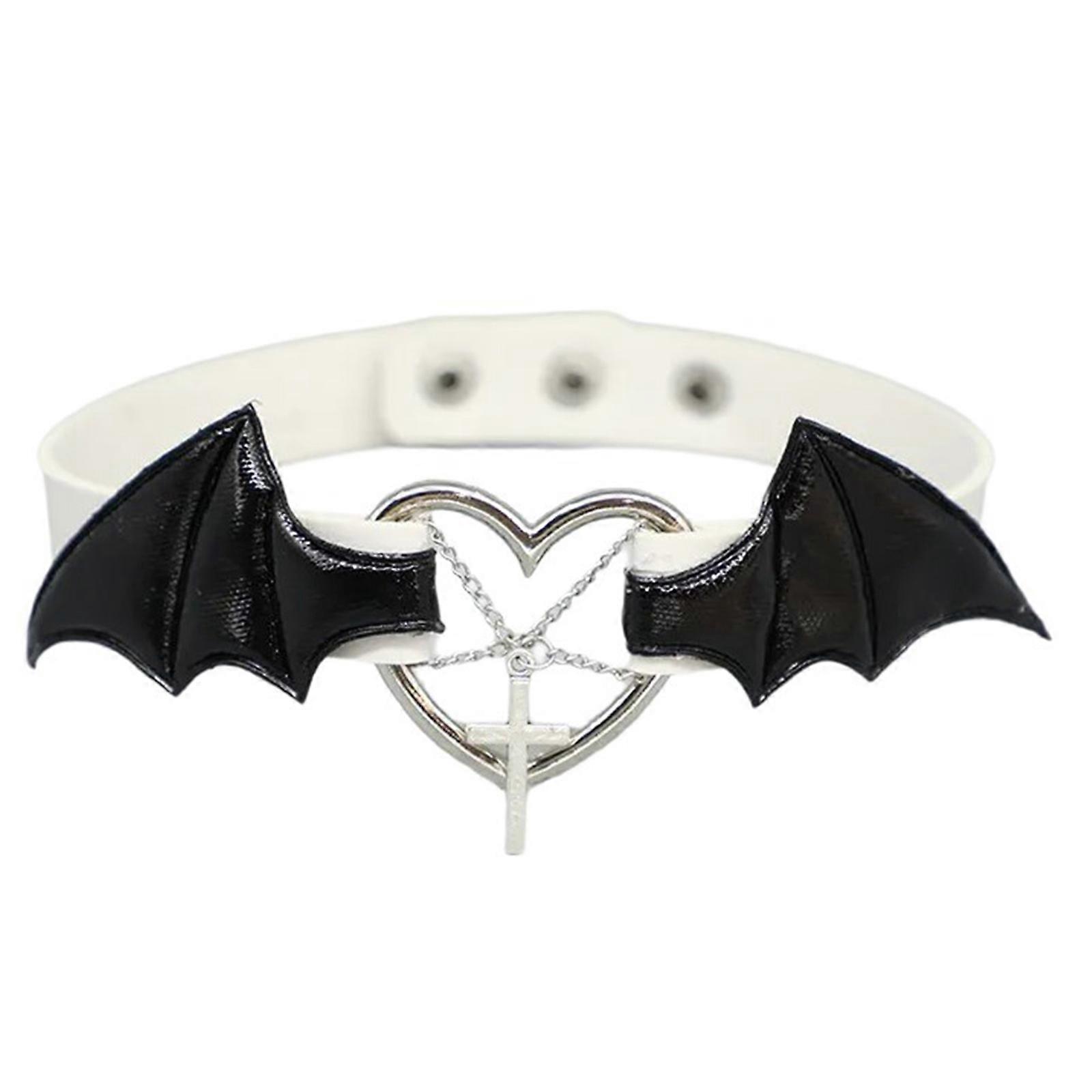 Kvinnor Punk PU Läder Hjärtformad Lårhållare Bensele Halloween Djävulsvinge PU Läder Justerbar Choker Halsband Vit