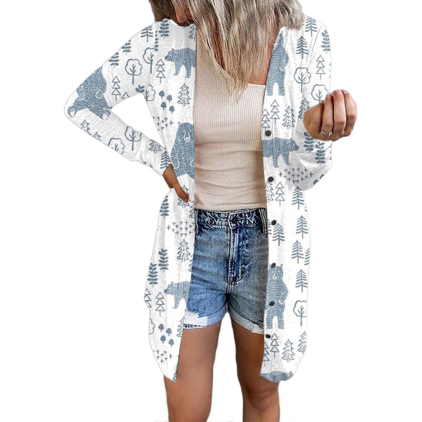 Versatile Christmas Theme Printed Coat Open Front Cardigan for Family Gatherings and Casual Wear  White XL