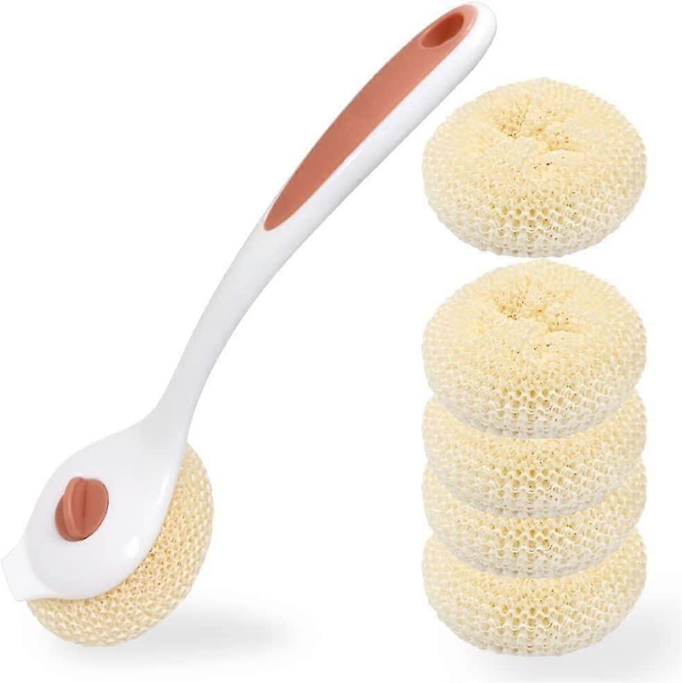 Long Handle Dish Scrubber with 5 Replacement Heads (Pink)