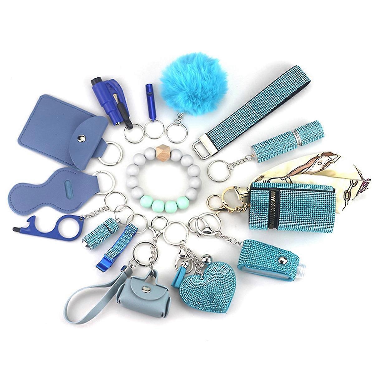 Keychain Pendant Set for Woman with Pom Pom Ball,Lip Balm Lanyard,Whistle, Holder,Bottle Open Blue