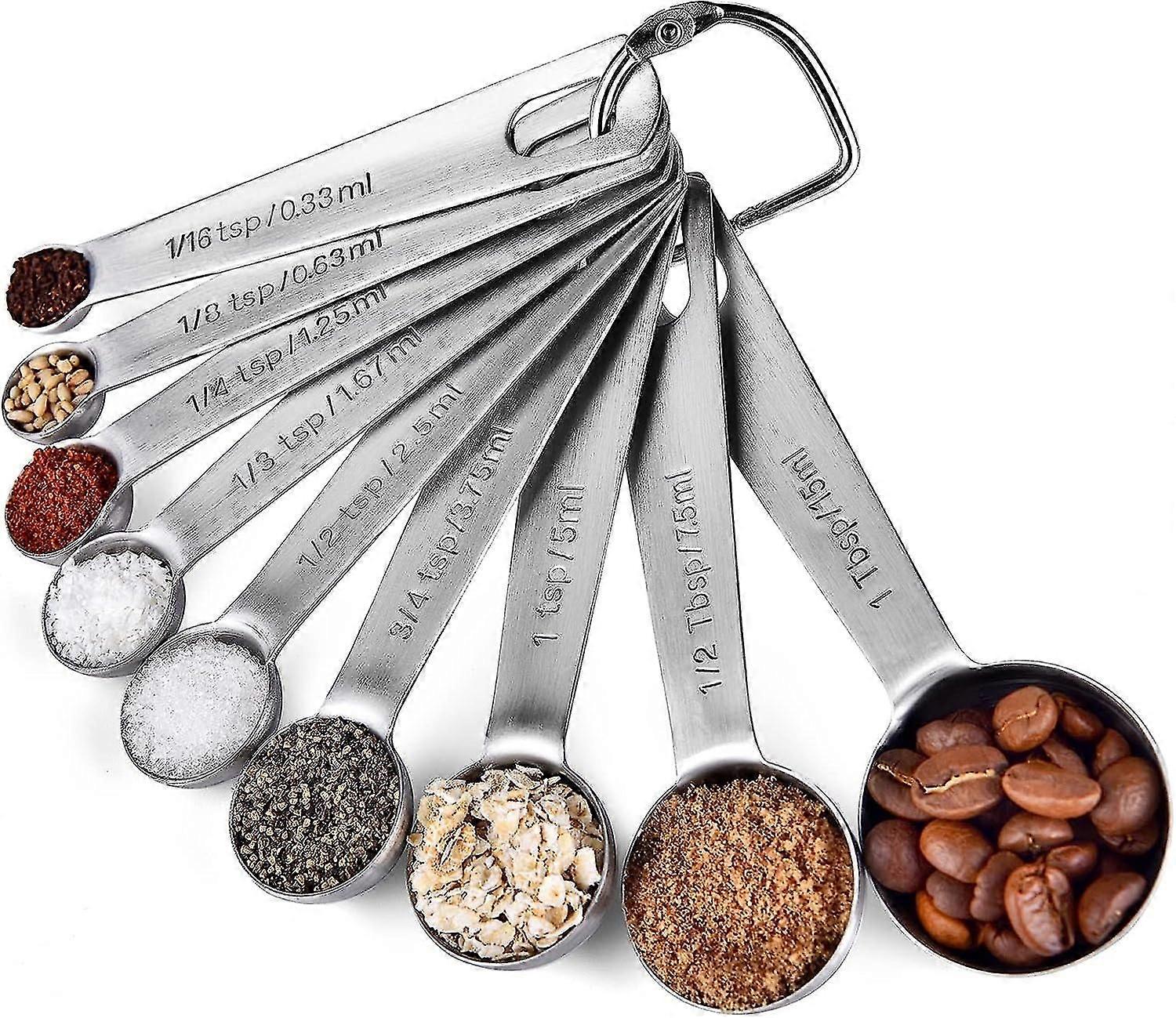 9 Pieces Measuring Spoons: 18/8 Stainless Steel Measuring Spoon (1/16 Tsp, 1/8 Tsp, 1/4 Tsp, 1/3 Tsp, 1/2 Tsp, 3/4 Tsp, 1 Tsp, 1/2 Tbsp 1 Tbsp) For