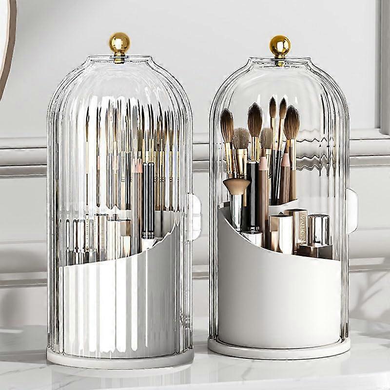 Ezea Makeup Brush Holder Organizer with Clear Lid 360 Rotating Sliding Opening Dustproof Brushes Container for Vanity