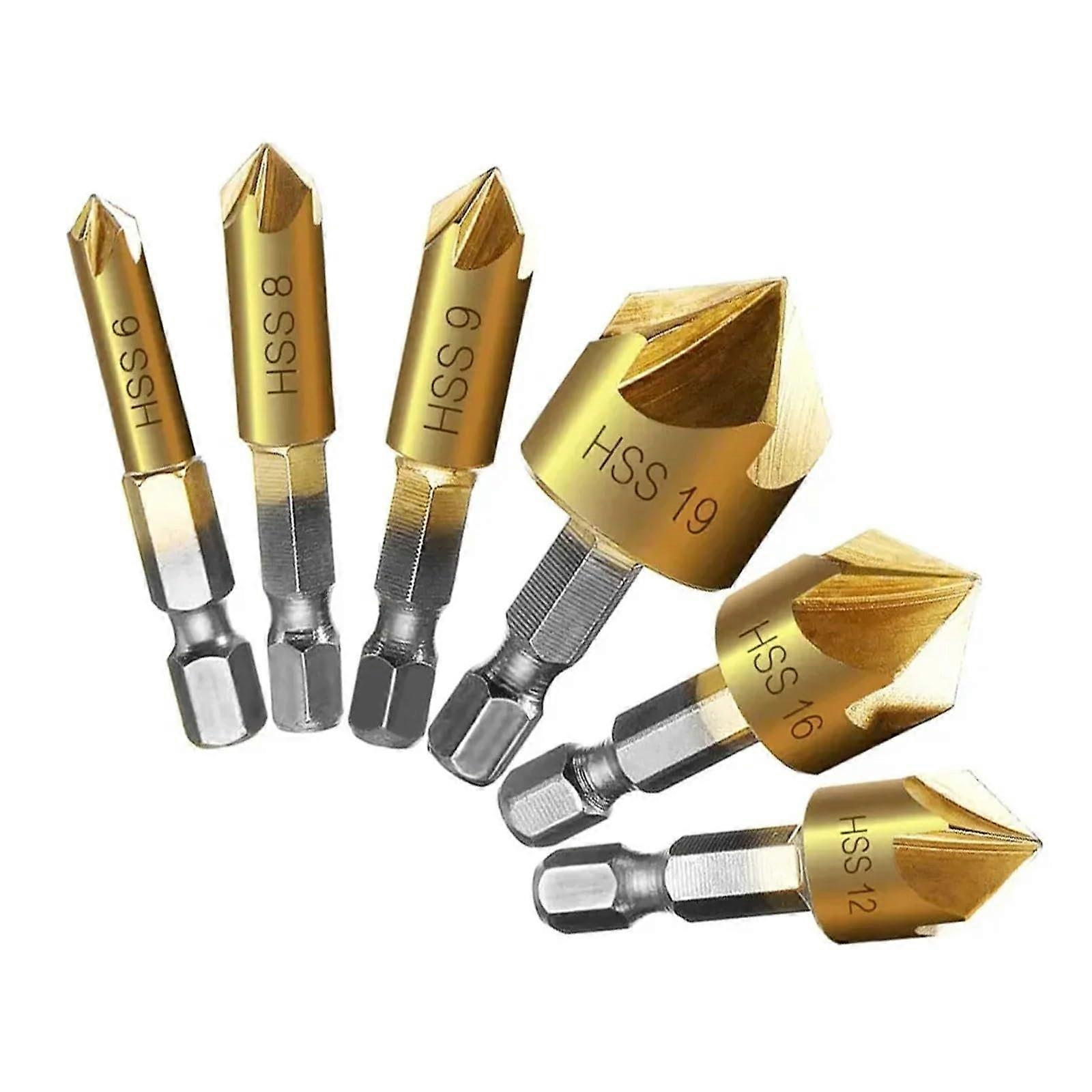 Countersink Drill Bit 1/4'' Hex Shank HSS 5 Flute 90 Countersink Degree Center Punch Tool Sets for Wood 6mm19mm