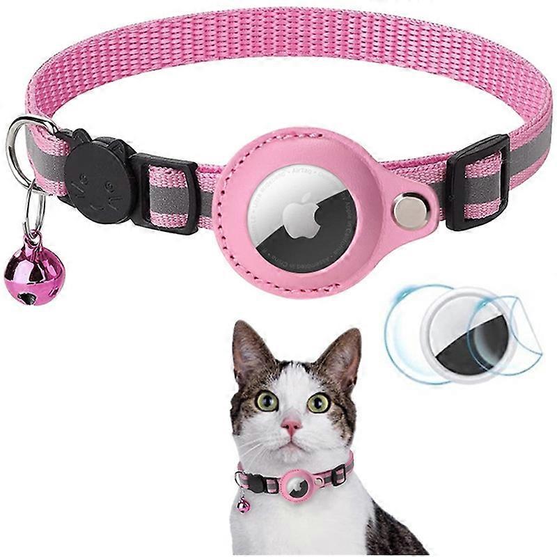 For AirTag PU Leather Case Reflective Pet Collar GPS Tracker Protective Cover with Bell - Pink
