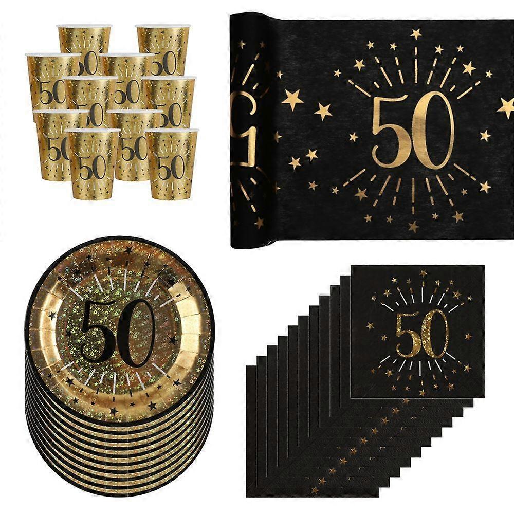 Black and Gold Age 50 Party Pack, Cups, Plates,Napkins and Table Runner
